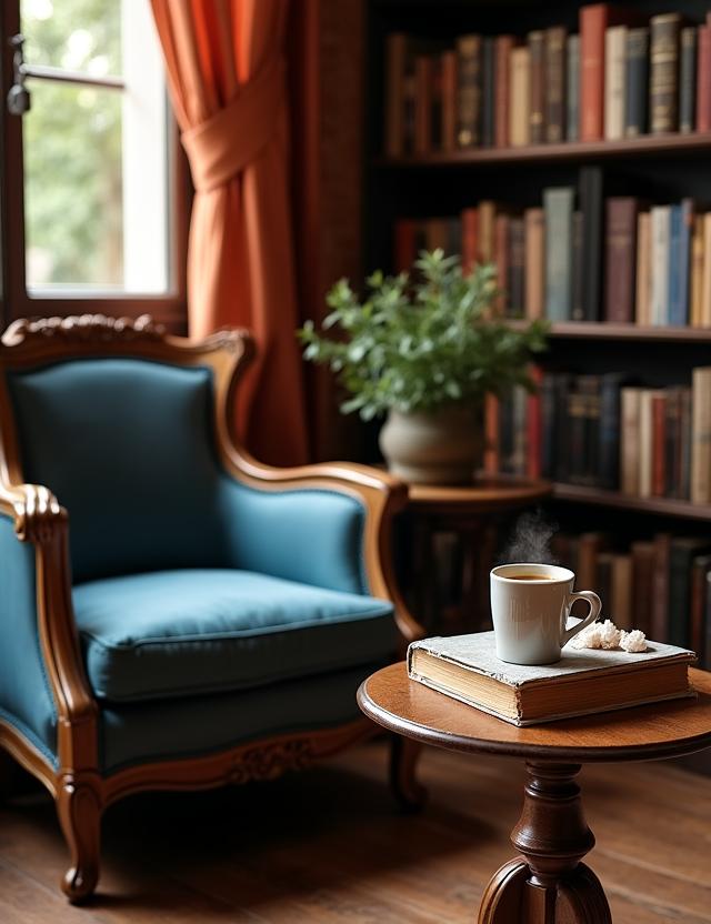 Gemütliche Leseecke mit Kaffee und Büchern